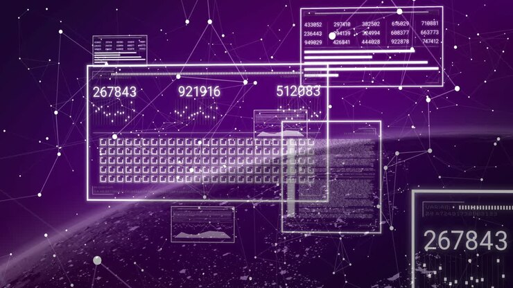 Animasjon av digital databehandling over nettverkstilkoblinger og et verdenskart