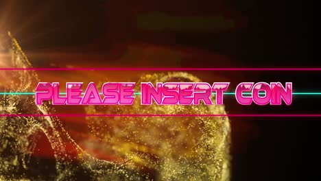 animation of please insert coin text and neon lines over glowing background