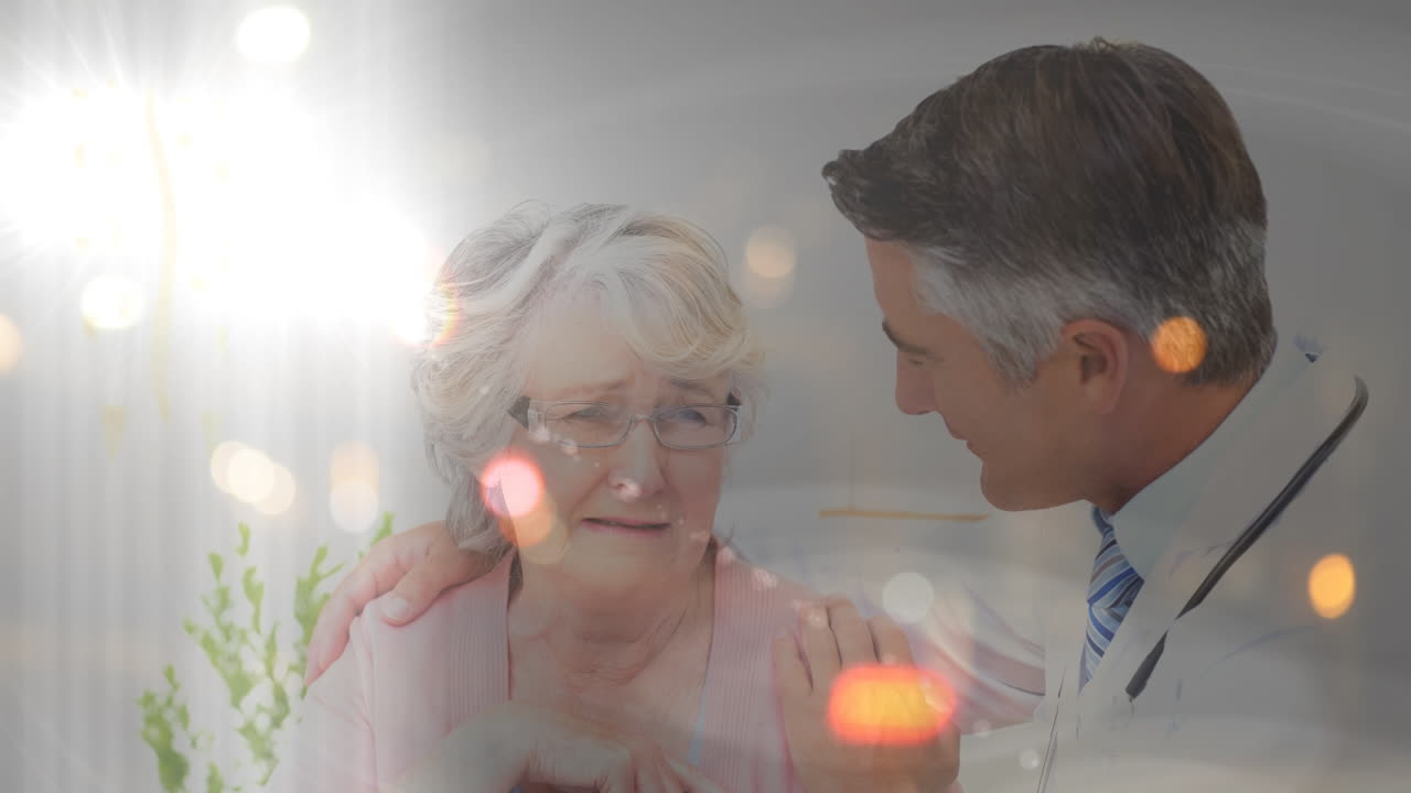 노인 여성 환자를 지원하는 백인 남성 의사에 대한 야간 도로 교통의 애니메이션