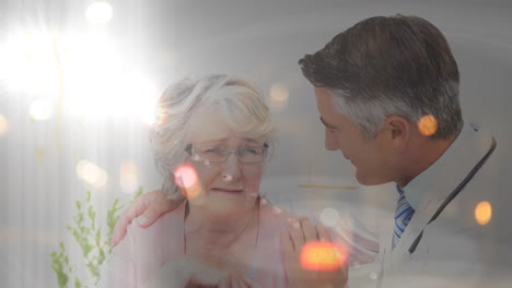 animación del tráfico nocturno en la carretera sobre un médico caucásico apoyando a una paciente anciana