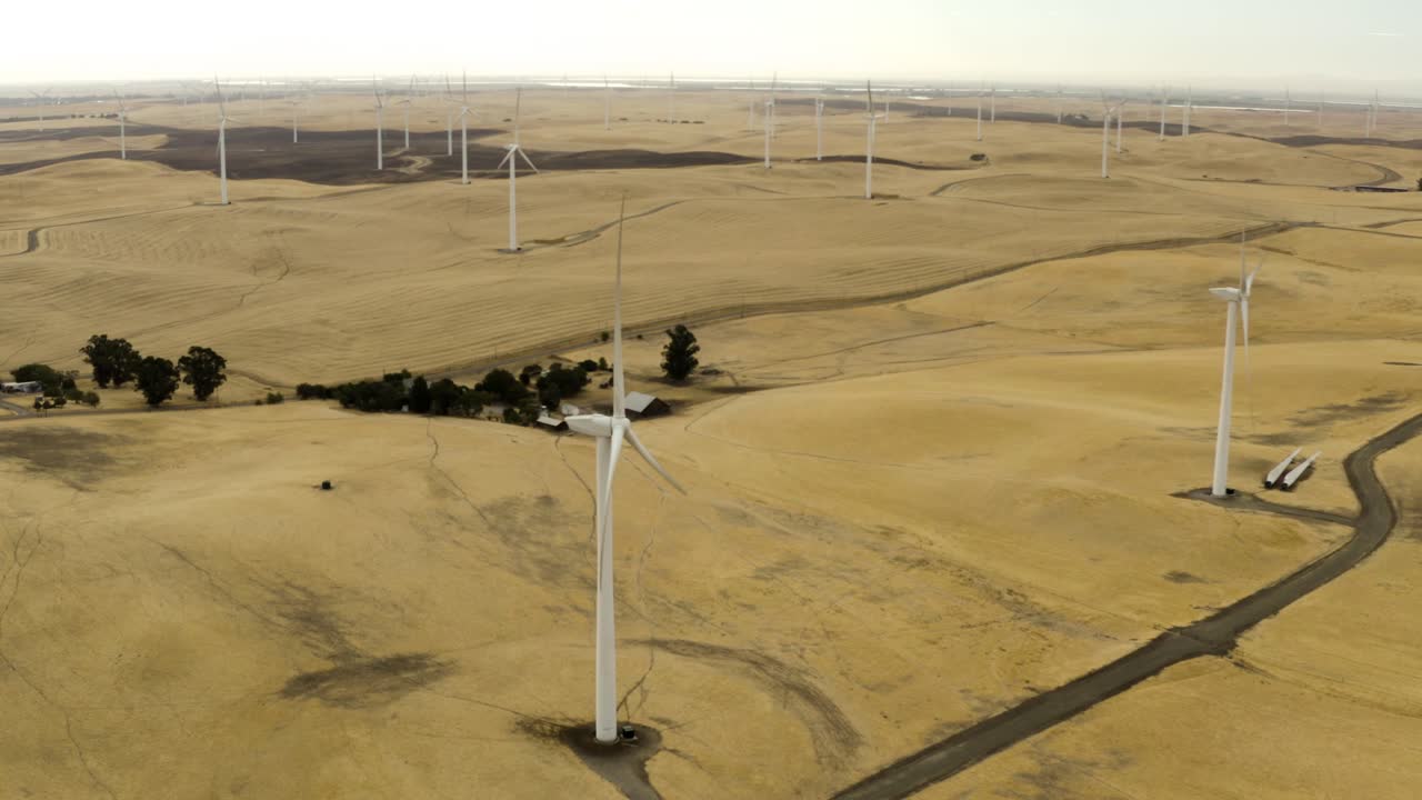 Aerial shot of wind turbines in a field on Montezuma Hills