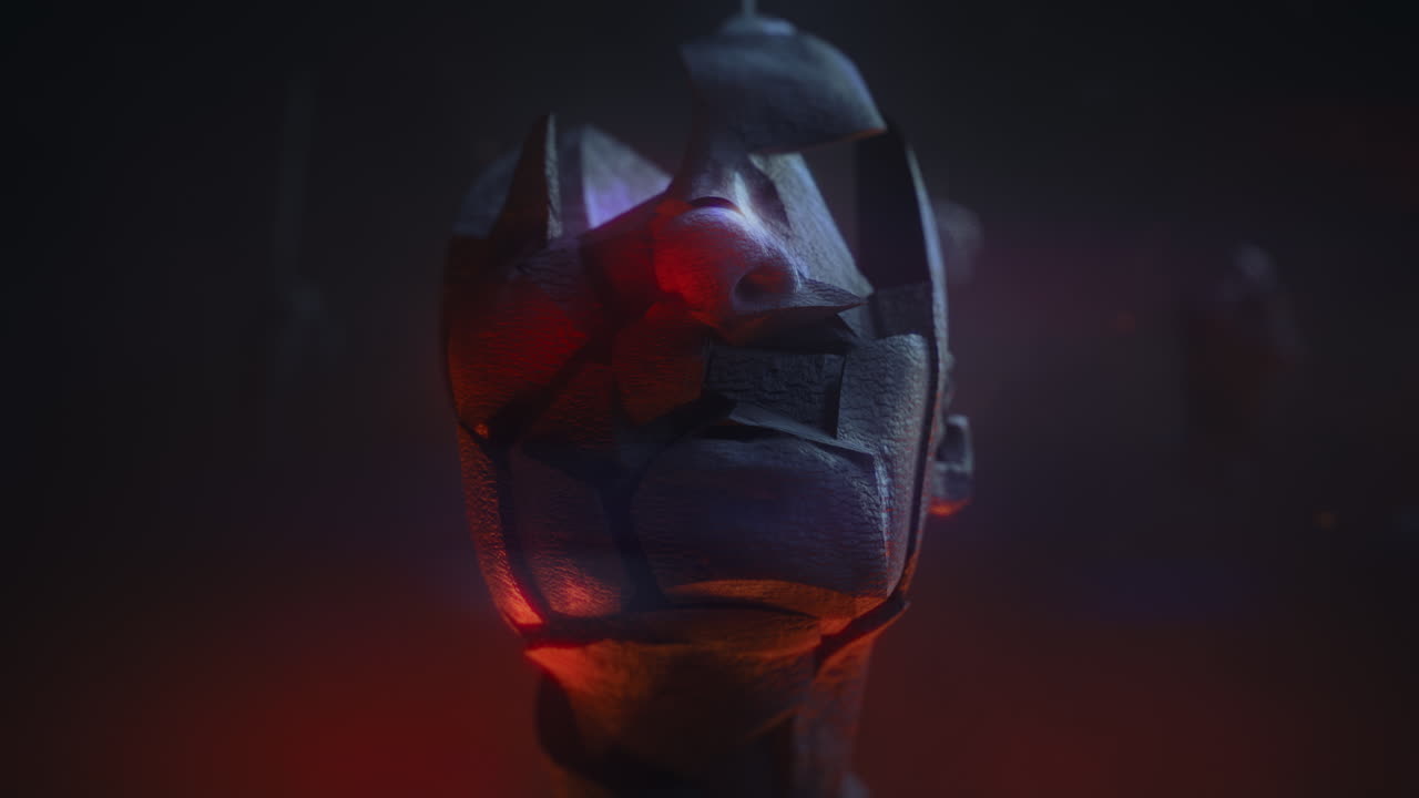 Crushed and burned android head on spike in hell