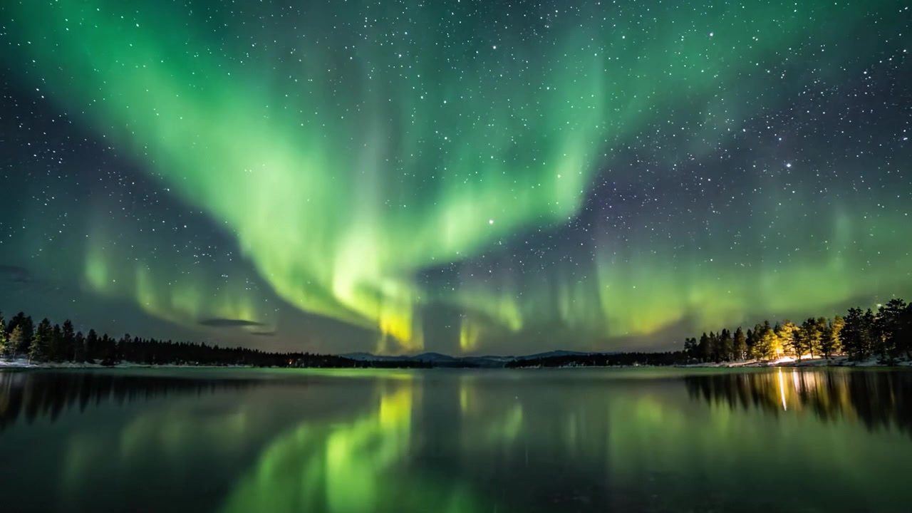 Affascinante Aurora Boreale illumina il cielo notturno sopra un lago sereno, riflettendo i colori vivaci delle luci del nord in uno spettacolo mozzafiato di meraviglia naturale.