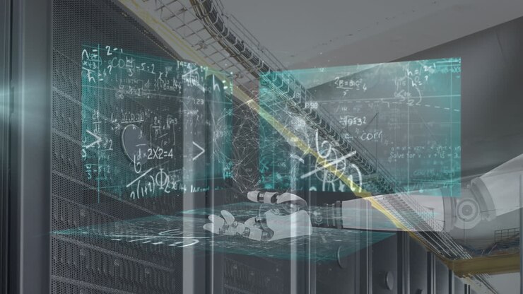 Animation of data processing on screens and robot's arm over computer servers