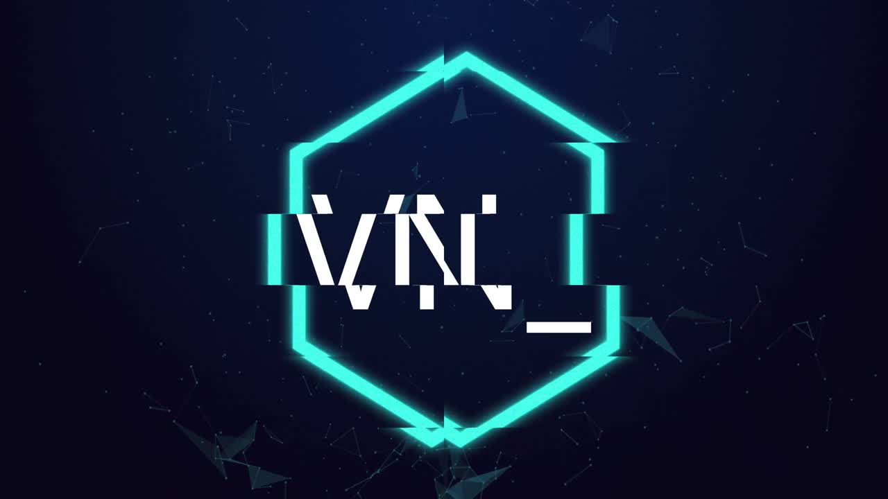 animación del texto nft en hexágono de neón sobre formas blancas sobre fondo azul