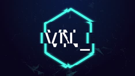 animation of nft text in neon hexagon over white shapes on blue background