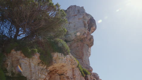 una formación rocosa adornada con árboles, iluminada por los rayos del sol creando un llamativo destello de lente, encapsulando la esencia del verano