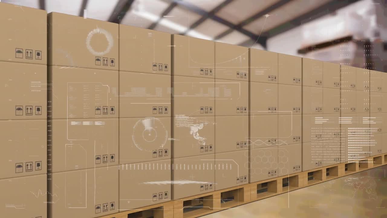 interfaz digital con procesamiento de datos contra cajas de entrega en cinta transportadora contra almacén