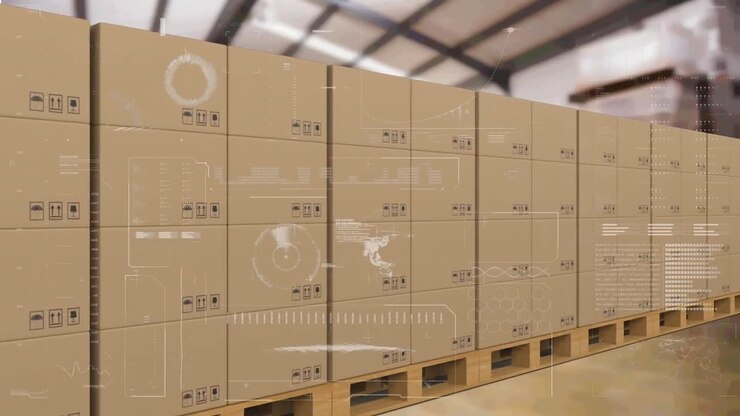 Digital interface with data processing against delivery boxes on conveyor belt against warehouse