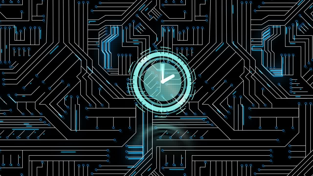 animación del reloj con una red de conexiones sobre fondo negro
