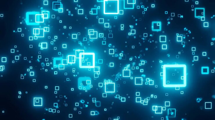 digital particles gracefully floating and moving in an abstract digital space, creating a dynamic and futuristic atmosphere with a neutral perspective, enhanced by the striking blue and eye.