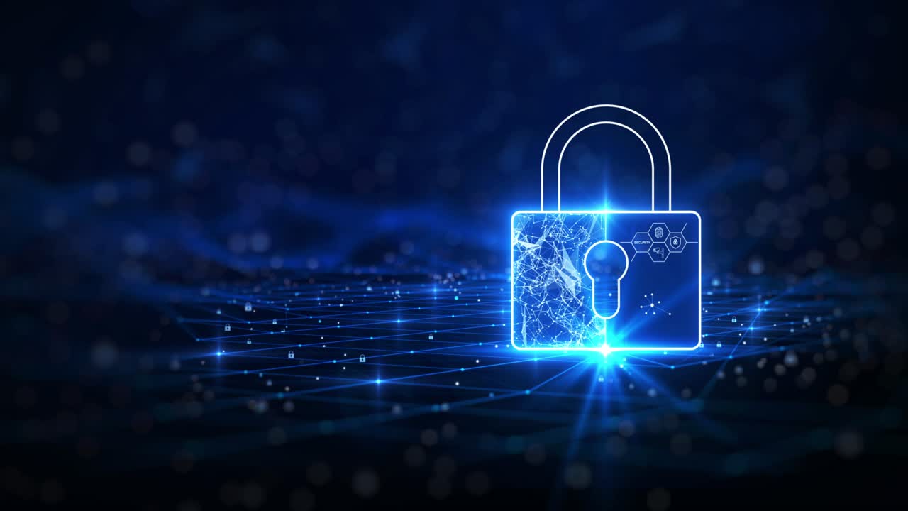 cybersecurity technology concept Data protection and privacy There is a large padlock prominently on the right above the polygon. and a small padlock moving slowly against a dark blue background.