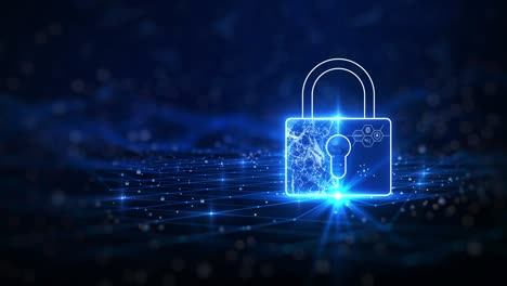 el concepto de tecnología de ciberseguridad, protección de datos y privacidad: hay un gran candado prominente a la derecha por encima del polígono y un pequeño candado que se mueve lentamente contra un fondo azul oscuro.