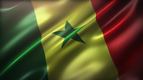 La-Bandera-De-La-República-De-Senegal,-ángulo-Alto,-Vista-En-Perspectiva,-Apariencia-Cinematográfica,-Brillante,-Ondulación-En-Cámara-Lenta,-Elegante-Textura-Sedosa-Ondeando