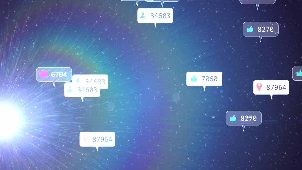 Animation of social media icons and numbers on white and grey banners over stars on blue sky