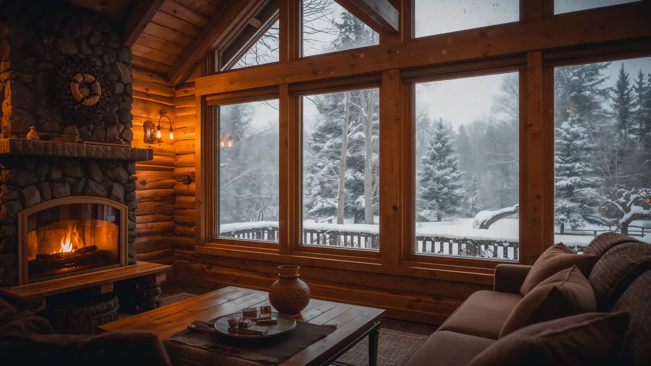 Legna da ardere che emana una luce tremolante nel soggiorno di una baita di legno, con la neve che si accumula fuori dalle finestre