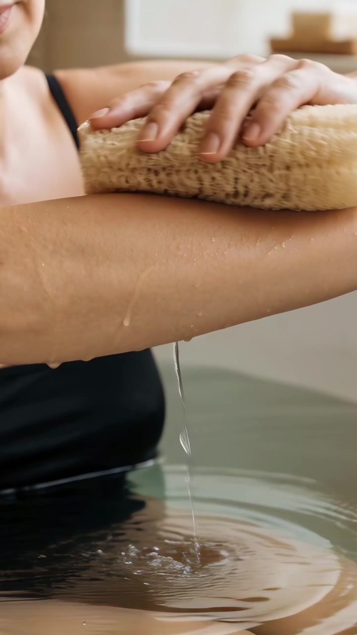 Dikey video: Islak lifi sıkma, siyah üst giyen bir kadın küvette ön kolunu ovuyor, peeling yapıyor.