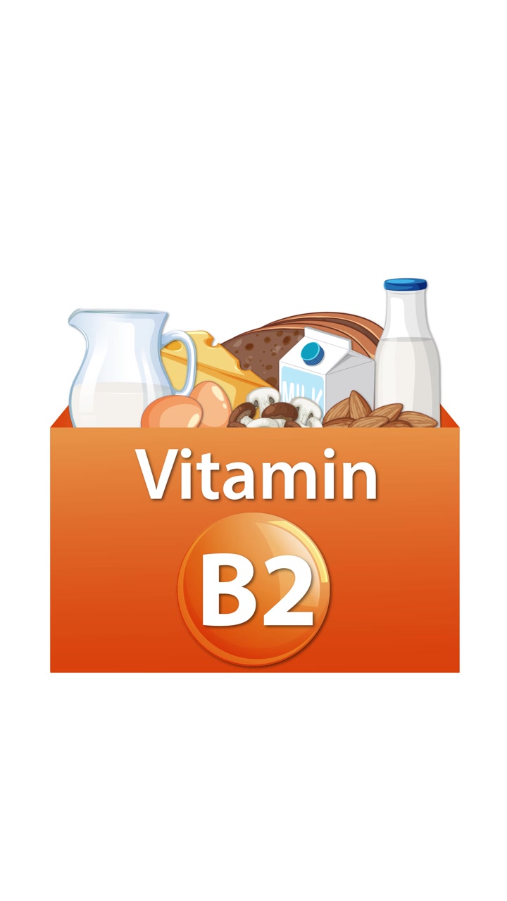 Scatola arancione di vitamina B2 si riempie di latticini, uova, funghi; sfondo bianco pulito, transizioni fluide.