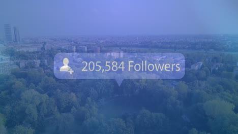 speech bubble with followers text with increasing numbers against cityscape