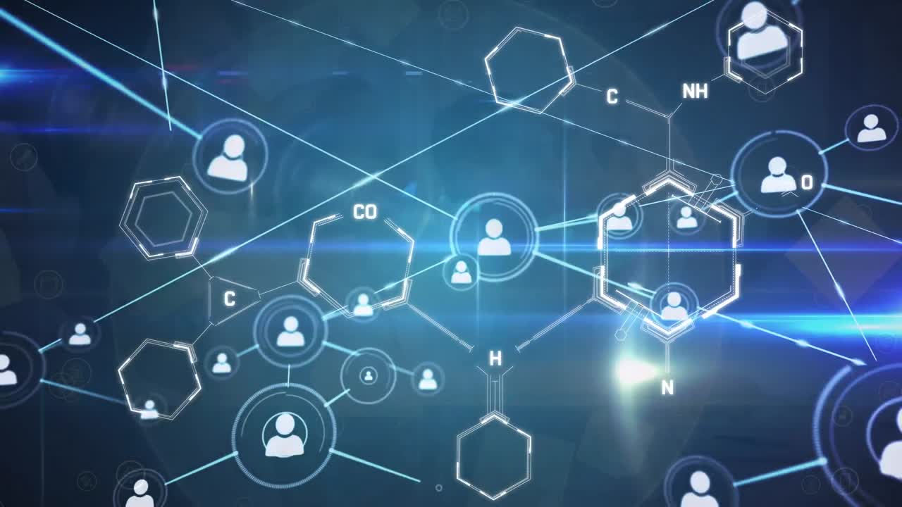 animación de conexiones sobre fórmulas químicas en fondo azul