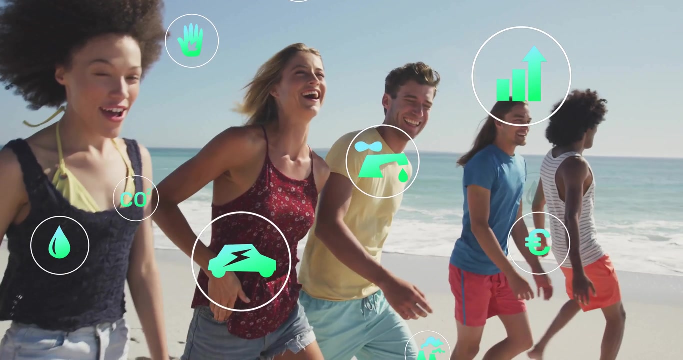 Amici che camminano lungo la spiaggia attivando icone ambientali, poi facendo jogging e facendo crescere icone di dati