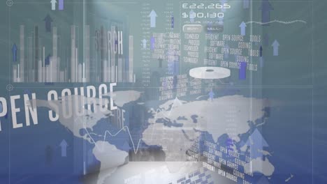 animation of business concept texts and data processing against view of cityscape