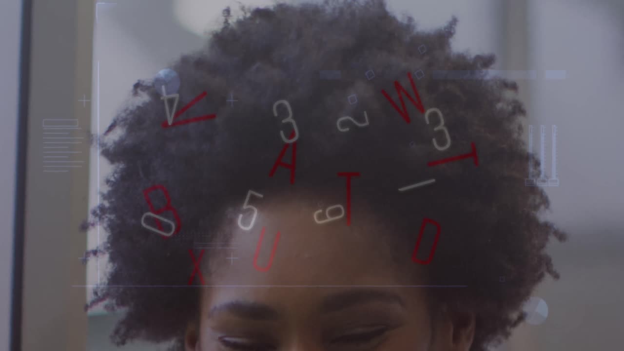 Animation of data processing over african american businesswoman