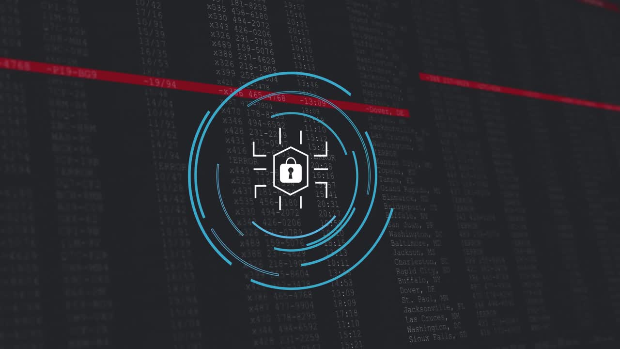 animación del procesamiento de datos y el candado sobre fondo negro