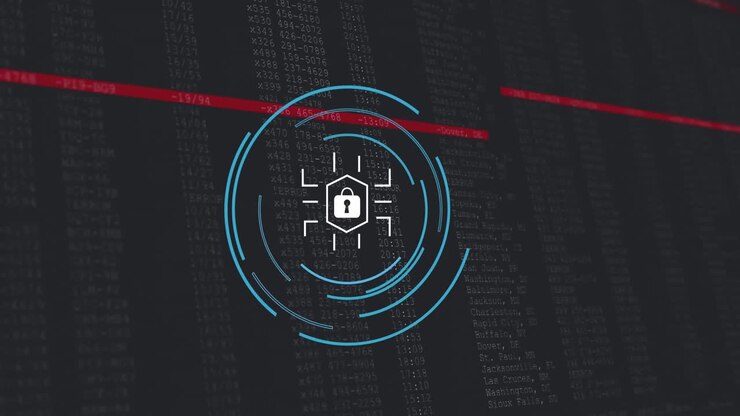 Animation of data processing and padlock over black background