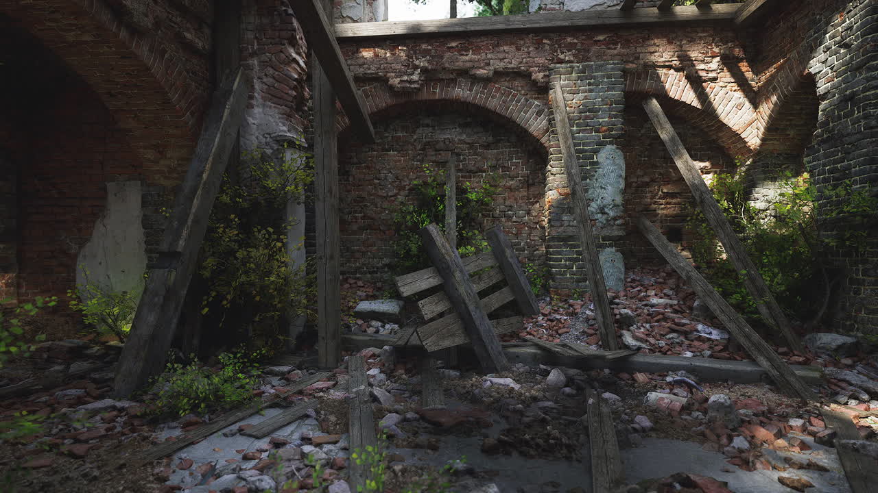 Abandoned interior showcasing crumbling walls and scattered debris in ruins