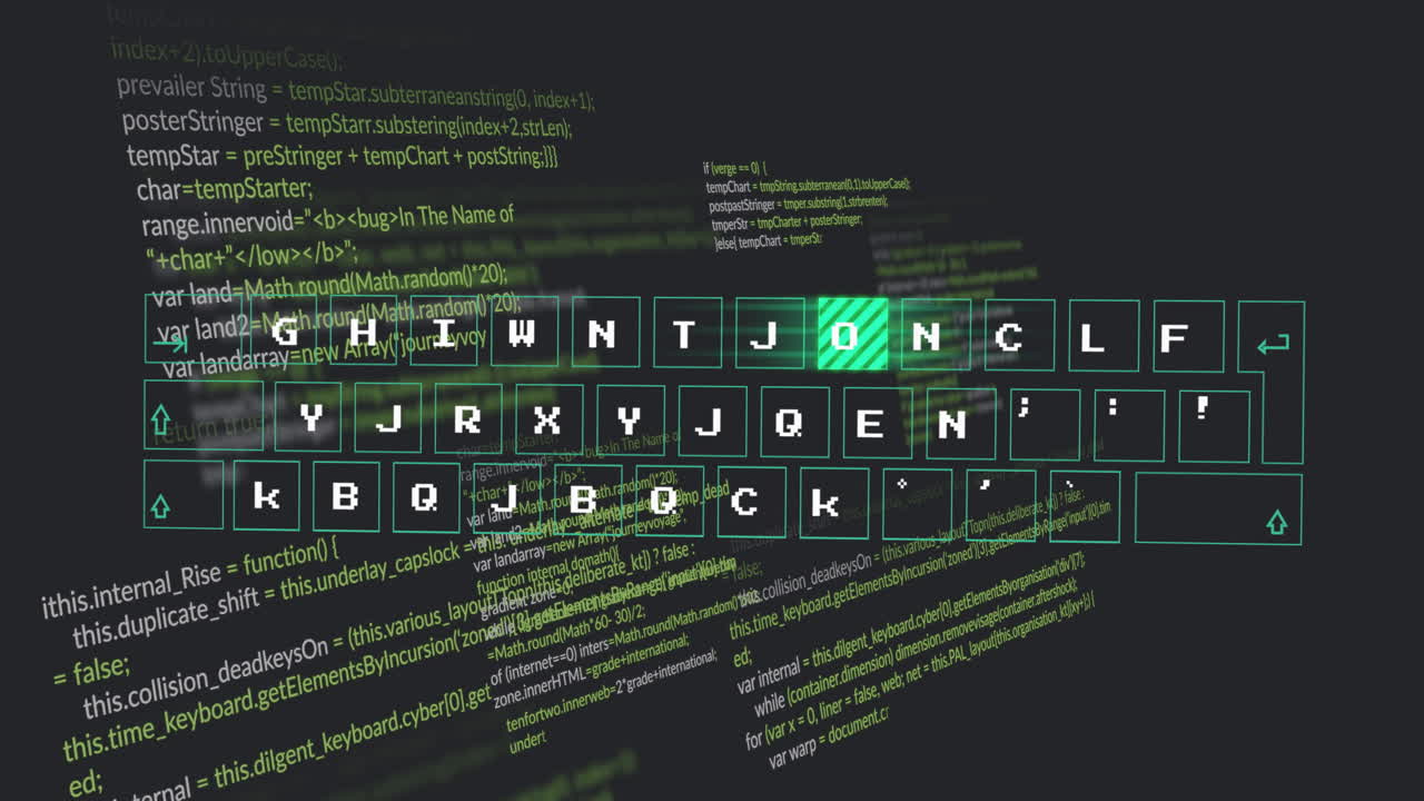Animation of green digital keyboard overlaying programming code on dark background