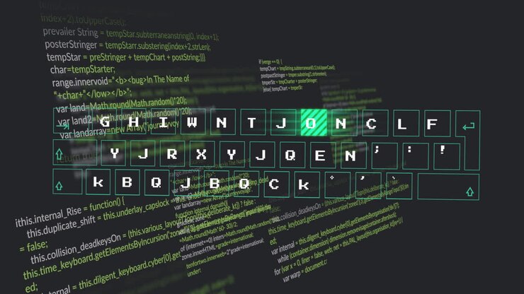 Animatie van groen digitaal toetsenbord over programmeercode op donkere achtergrond