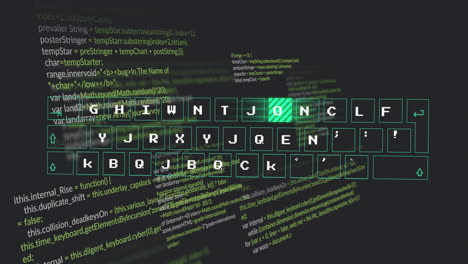 animation of green digital keyboard overlaying programming code on dark background