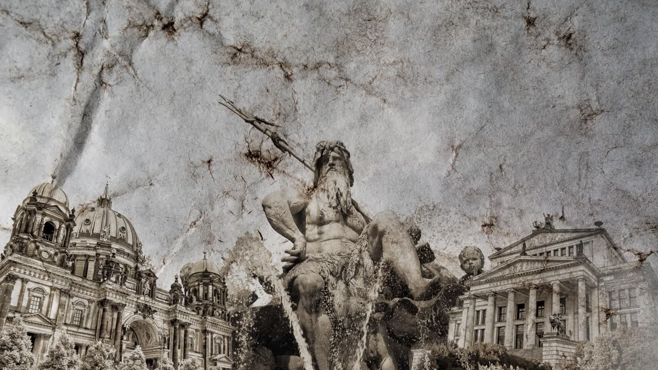 독일의 베를린 명소의 느린 동작 콜라지, 은 빈티지 은 종이와 구름이 있는 타임 스 하늘에 서서히 나타나는, 파랄락스 효과를 가진 창의적인 4k 비디오 루프 애니메이션.