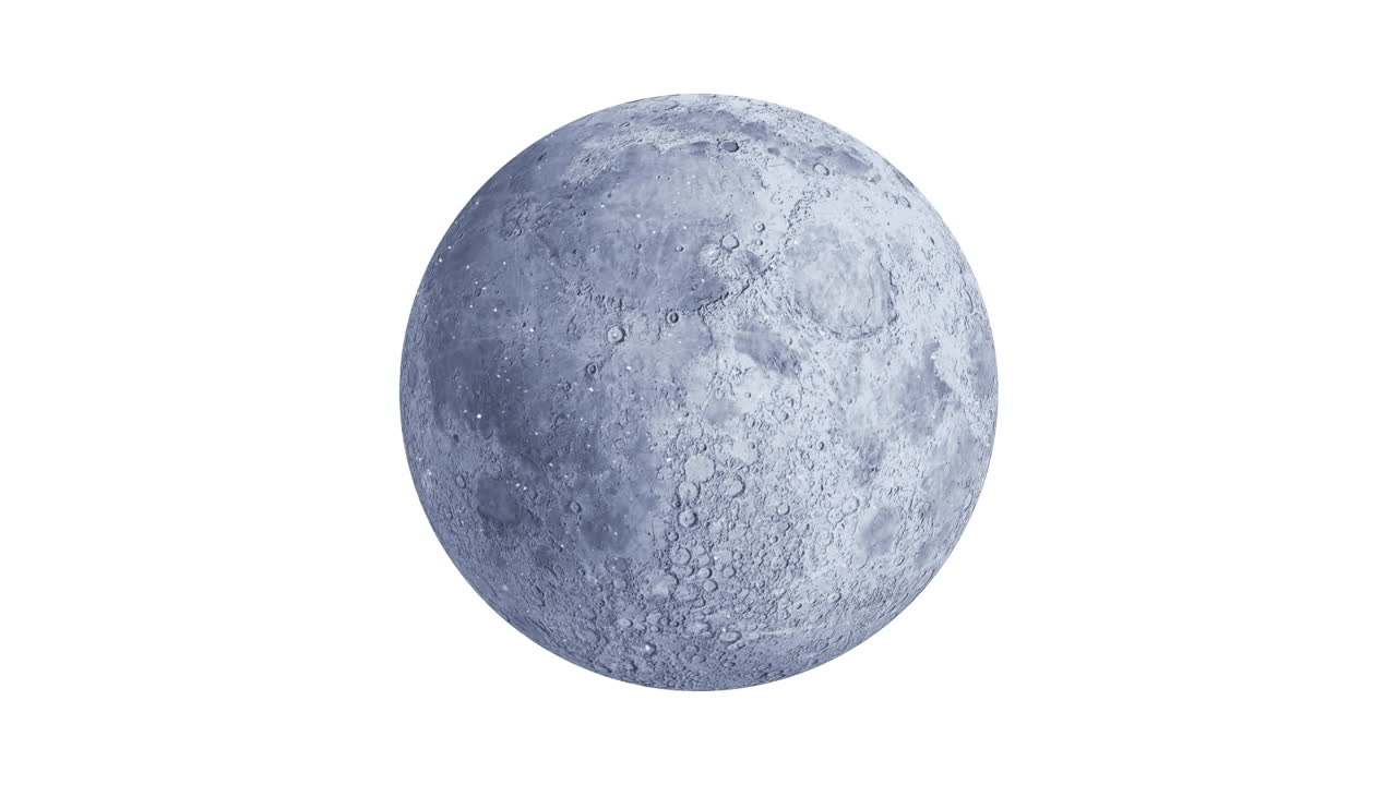 Animation of snow falling over full moon on white background