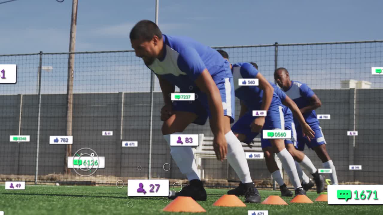 현장에서 다양한 축구 선수에 대한 소셜 미디어 데이터 처리 애니메이션