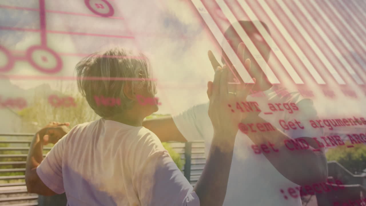 Dancing joyfully outdoors, people with computer code overlay and animation