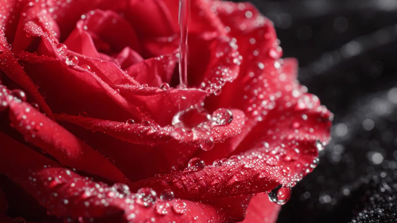 Gros plan d'une somptueuse rose rouge ornée de délicates gouttelettes d'eau, capturant l'essence de la beauté et la perfection de la nature sur fond noir