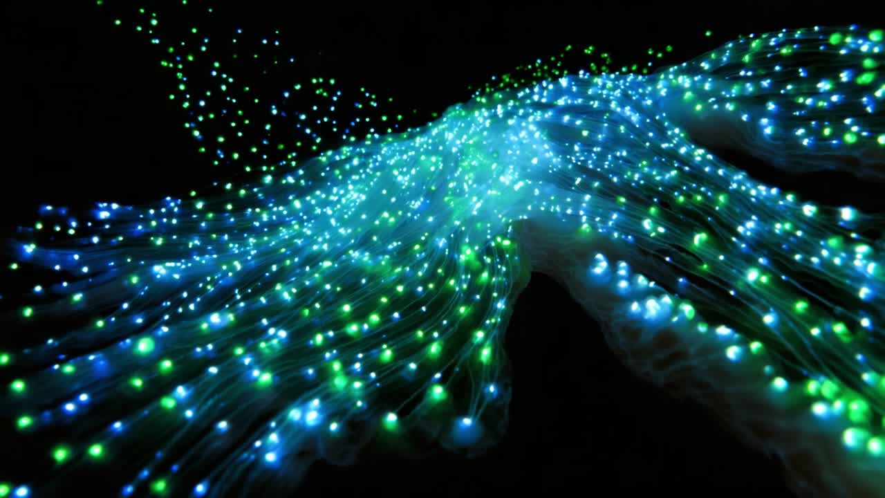 A Mesmerizing Display of Fiber Optic Lights Flowing in Vivid Blue and Green Colors Against a Dark Background, Creating a Stunning Visual Effect That Captivates and Transports One into a World of Dreamlike Illusions