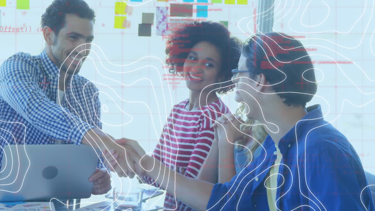 Animation of white lines data processing over business people handshake