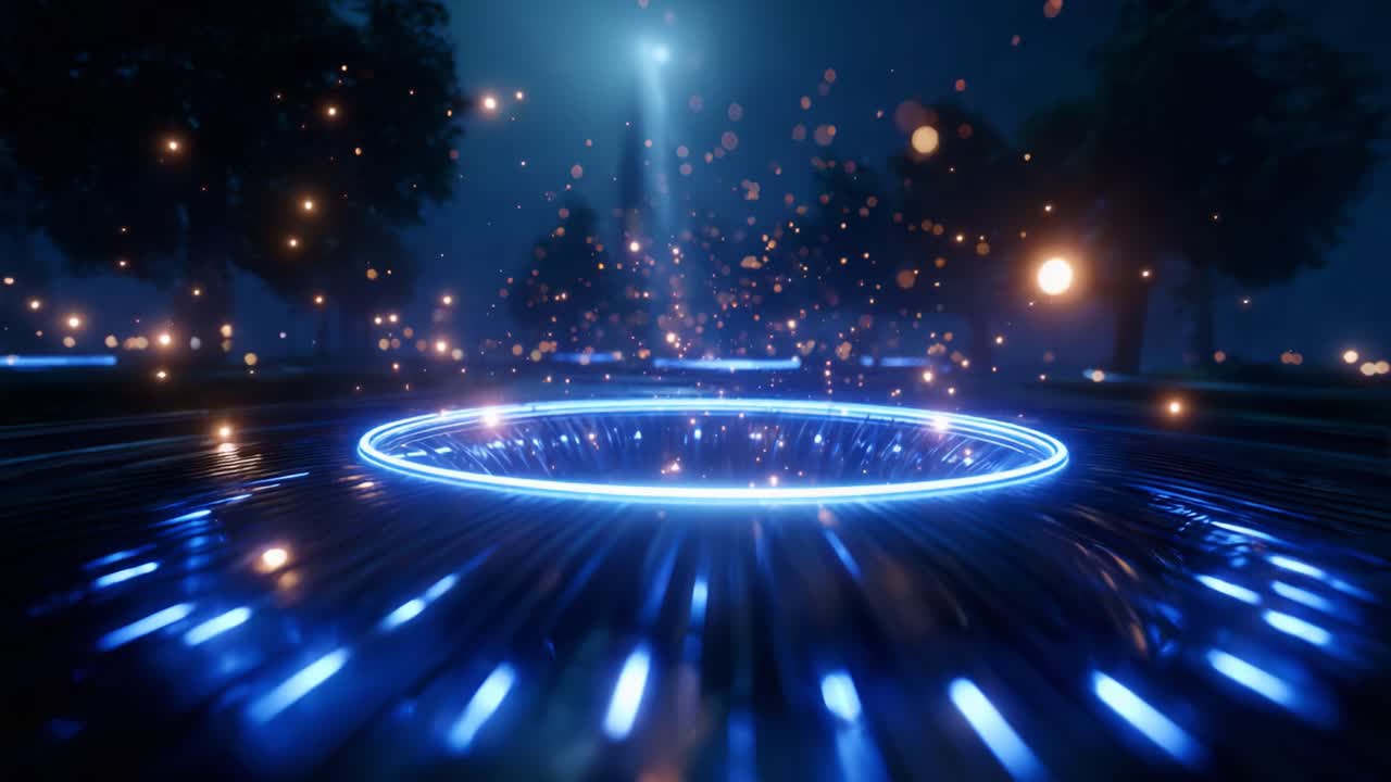 A captivating scene showcases an ethereal blue glowing circle at the center, surrounded by shimmering particles and a mysterious atmosphere, illuminated by distant lights and trees in a darkened setting