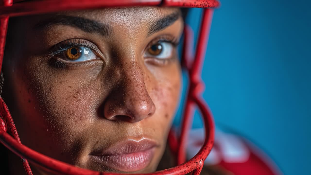 Intense Focus and Determination: A Close-Up of an Athlete in a Football Helmet Reflecting Strength and Preparation for the Game