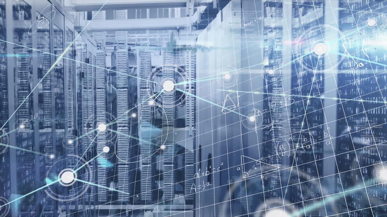 Animation of network of connections, mathematical equations and light spots against server room