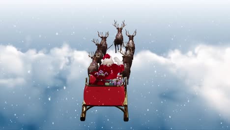 animation of snow falling over christmas santa claus in sleigh with reindeer