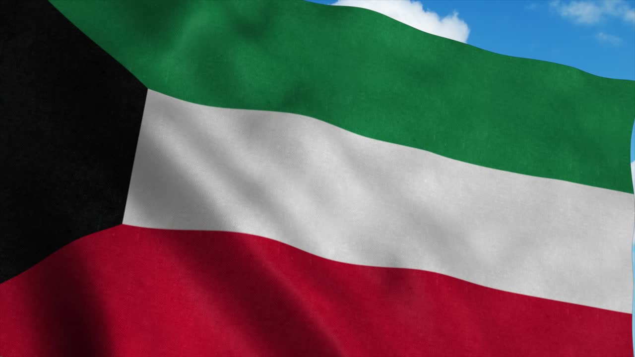 Kuwait flag waving in the wind, blue sky background. 4K