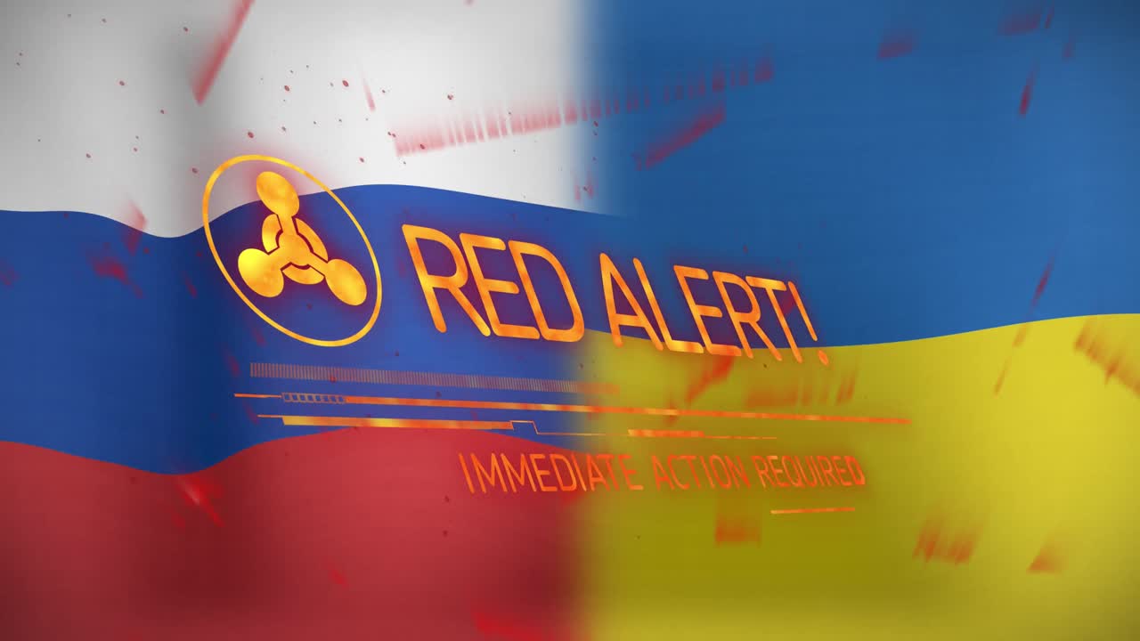 animación de texto y símbolo de alerta roja sobre las banderas de rusia y ucrania