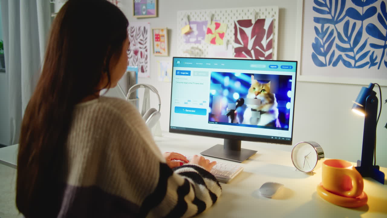 Woman Working on a Computer with Online Image Recognition Application