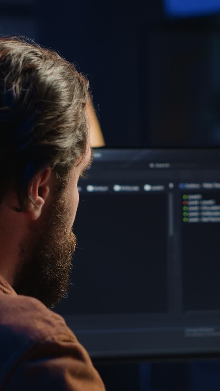 Focused Man Coding on Computer in Dark Office