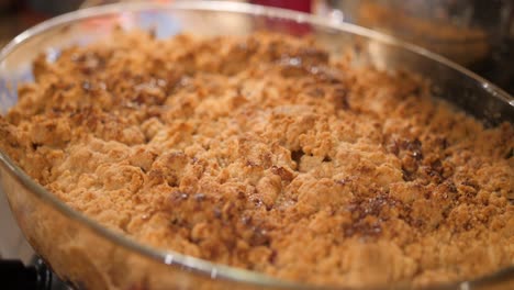 close up view of the delicious homemade crumble cake on a table