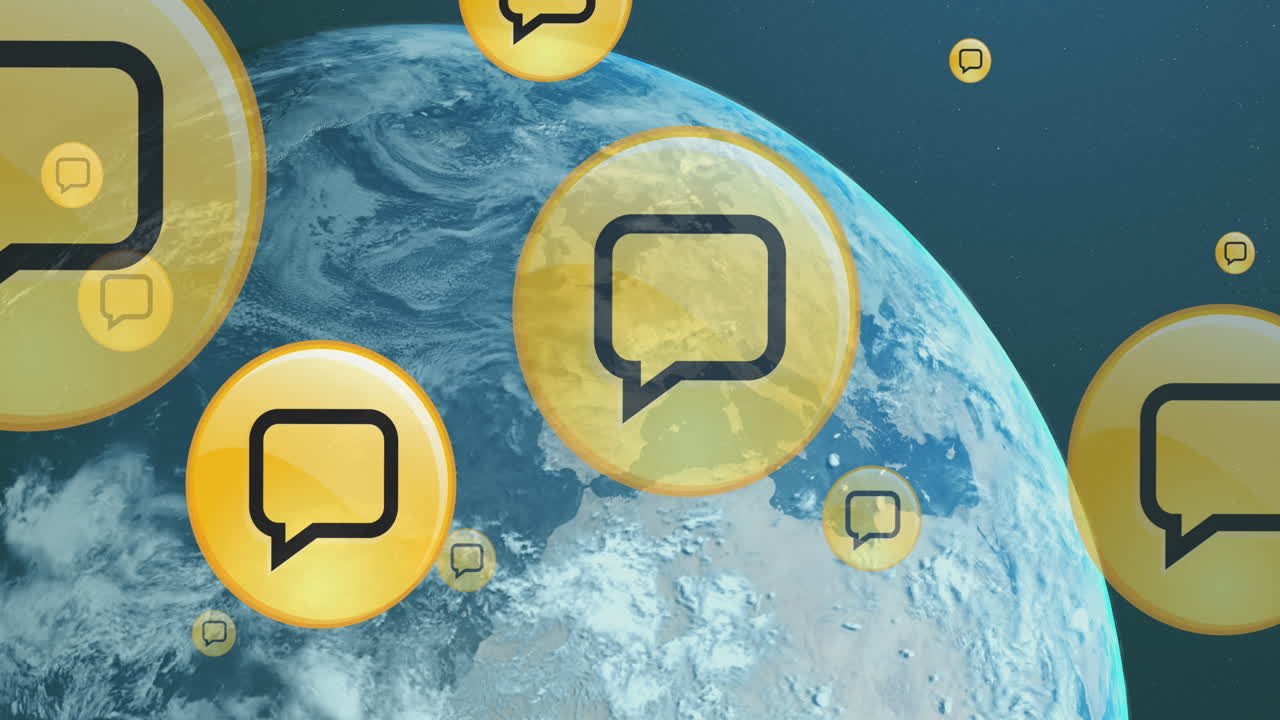 전 세계에 걸친 디지털 메시지 아이콘과 데이터 처리 네트워크의 애니메이션